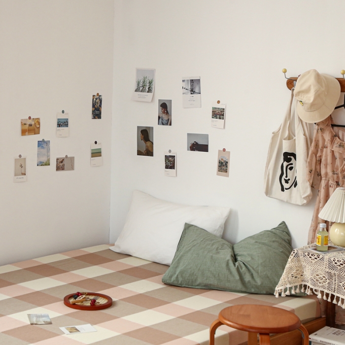 91家纺网 家纺一手货源 找家纺 安莱生活 2021新款色织全棉水洗棉单床笠 粉大格