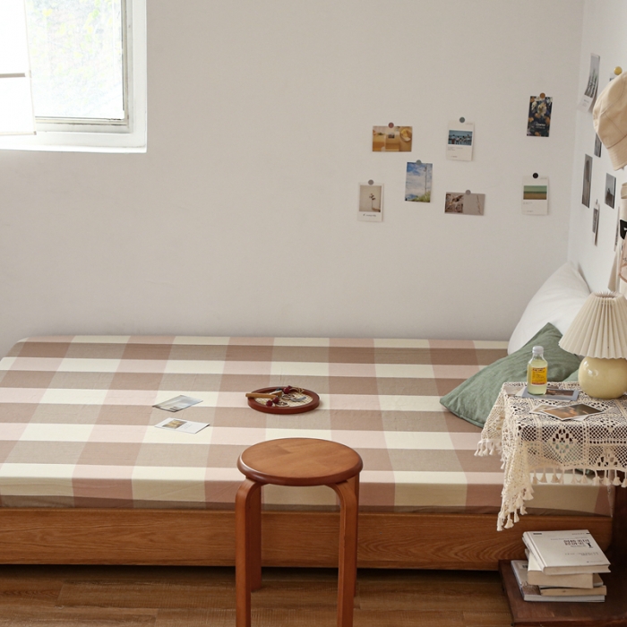 91家纺网 家纺一手货源 找家纺 安莱生活 2021新款色织全棉水洗棉单床笠 粉大格