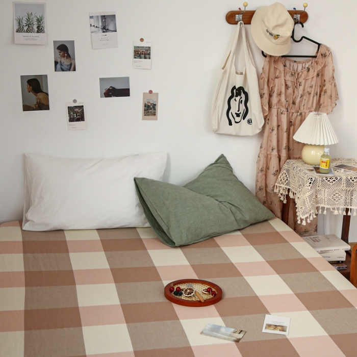 91家纺网 家纺一手货源 找家纺 安莱生活 2021新款色织全棉水洗棉单床笠 粉大格