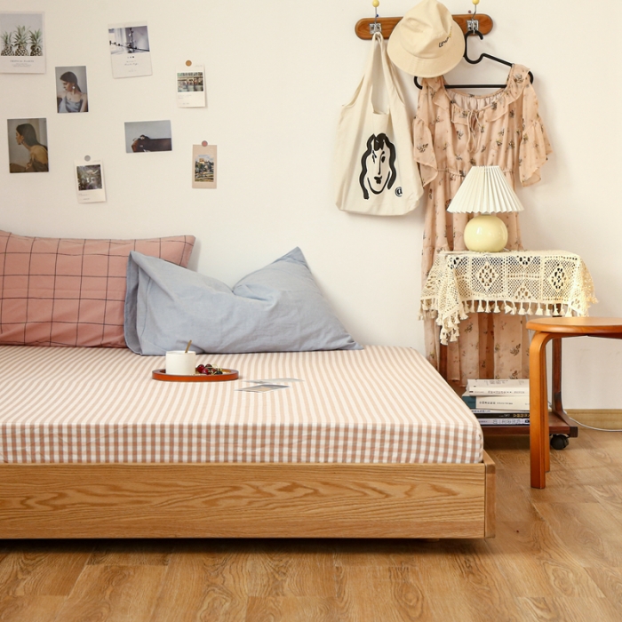 91家纺网 家纺一手货源 找家纺 安莱生活 2021新款色织全棉水洗棉单床笠 粉小格