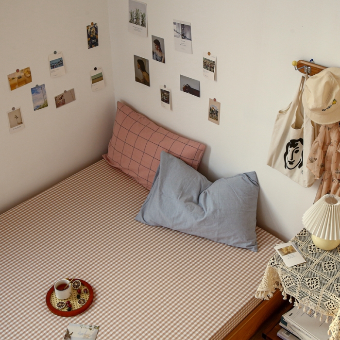 91家纺网 家纺一手货源 找家纺 安莱生活 2021新款色织全棉水洗棉单床笠 粉小格