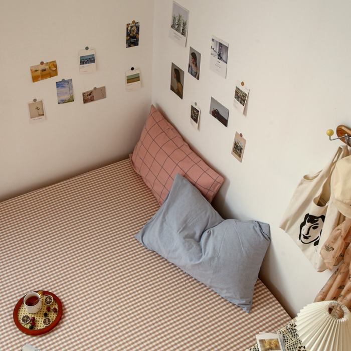 91家纺网 家纺一手货源 找家纺 安莱生活 2021新款色织全棉水洗棉单床笠 粉小格