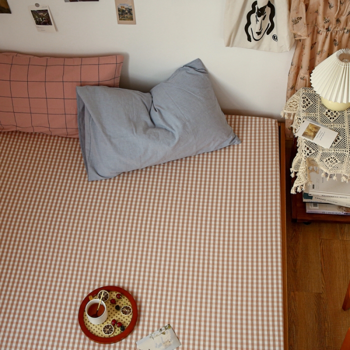 91家纺网 家纺一手货源 找家纺 安莱生活 2021新款色织全棉水洗棉单床笠 粉小格