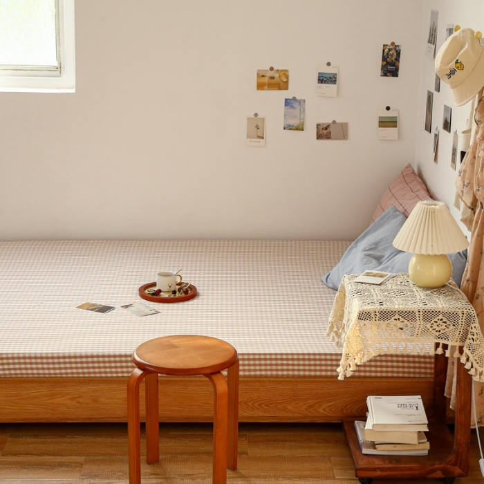 91家纺网 家纺一手货源 找家纺 安莱生活 2021新款色织全棉水洗棉单床笠 粉小格