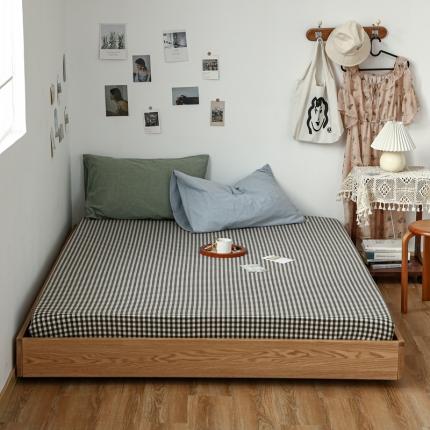 安莱生活 2021新款色织全棉水洗棉单床笠 黑小格