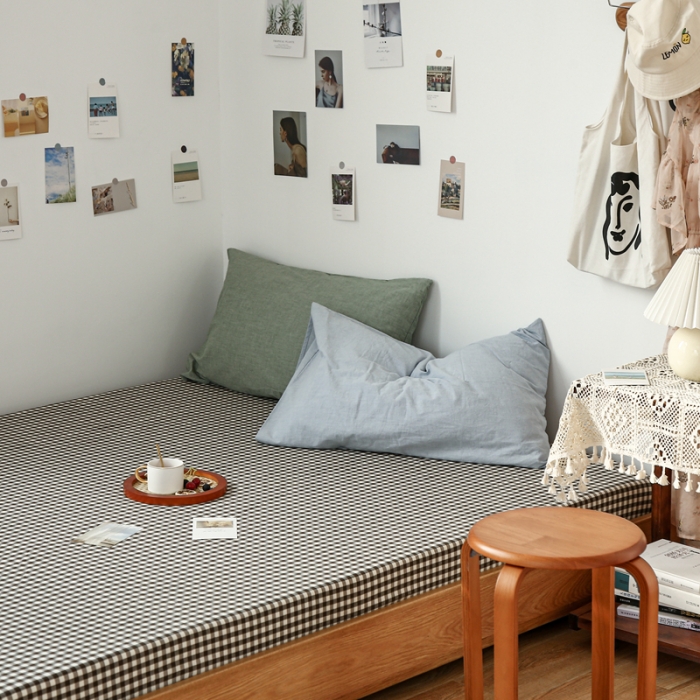 91家纺网 家纺一手货源 找家纺 安莱生活 2021新款色织全棉水洗棉单床笠 黑小格