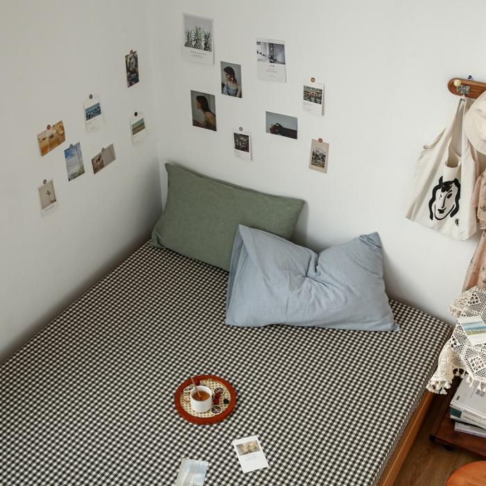 91家纺网 家纺一手货源 找家纺 安莱生活 2021新款色织全棉水洗棉单床笠 黑小格