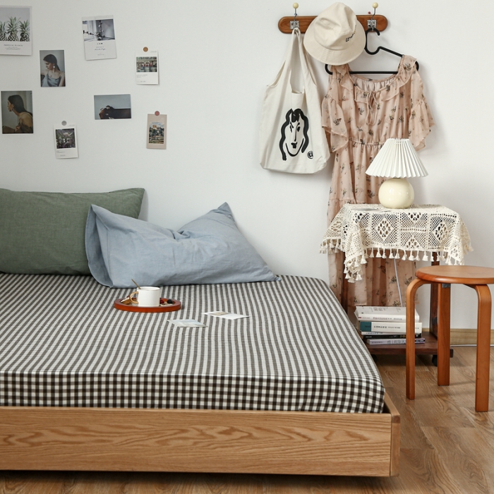 91家纺网 家纺一手货源 找家纺 安莱生活 2021新款色织全棉水洗棉单床笠 黑小格