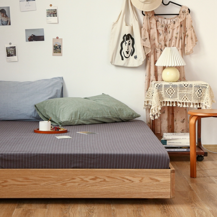 91家纺网 家纺一手货源 找家纺 安莱生活 2021新款色织全棉水洗棉单床笠 灰白细条