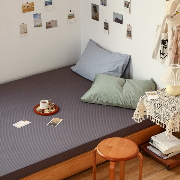 91家纺网 家纺一手货源 找家纺 安莱生活 2021新款色织全棉水洗棉单床笠 灰白细条