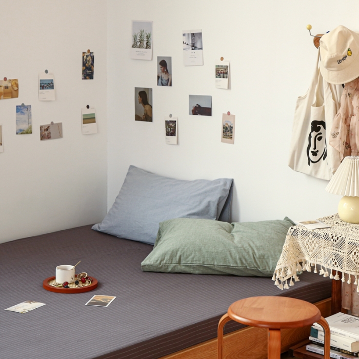 91家纺网 家纺一手货源 找家纺 安莱生活 2021新款色织全棉水洗棉单床笠 灰白细条