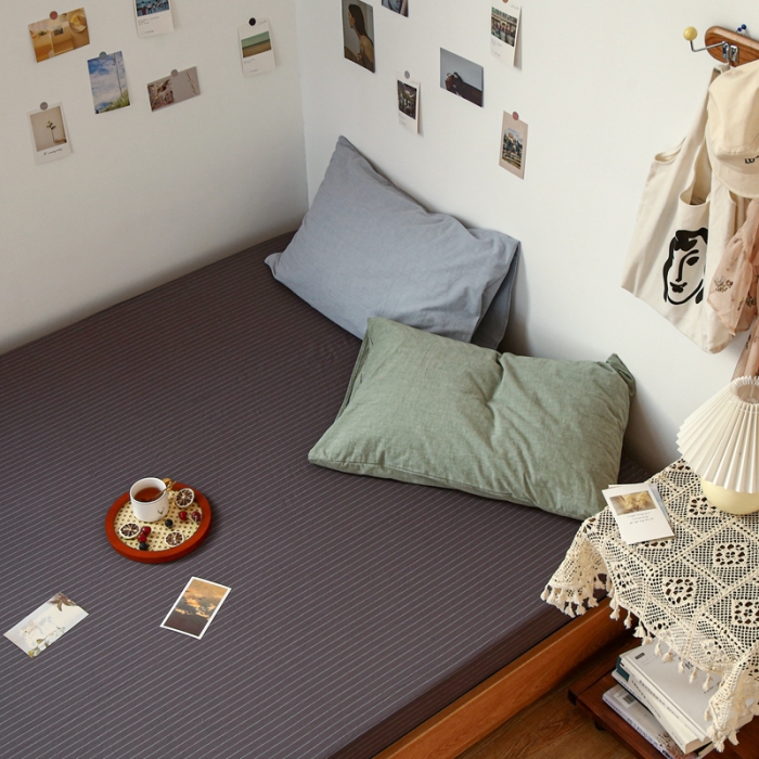 91家纺网 家纺一手货源 找家纺 安莱生活 2021新款色织全棉水洗棉单床笠 灰白细条