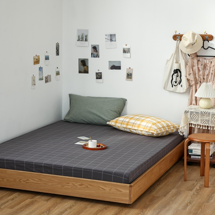 91家纺网 家纺一手货源 找家纺 安莱生活 2021新款色织全棉水洗棉单床笠 灰白中格