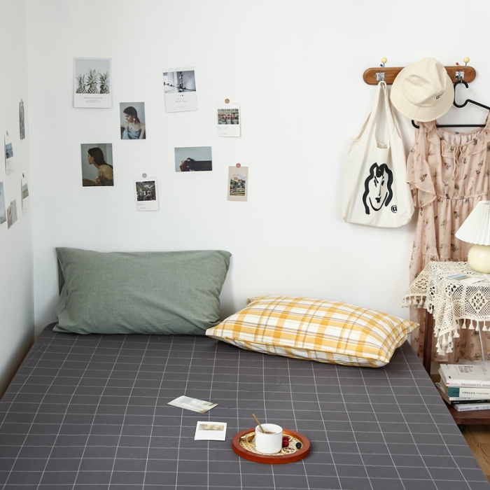 91家纺网 家纺一手货源 找家纺 安莱生活 2021新款色织全棉水洗棉单床笠 灰白中格