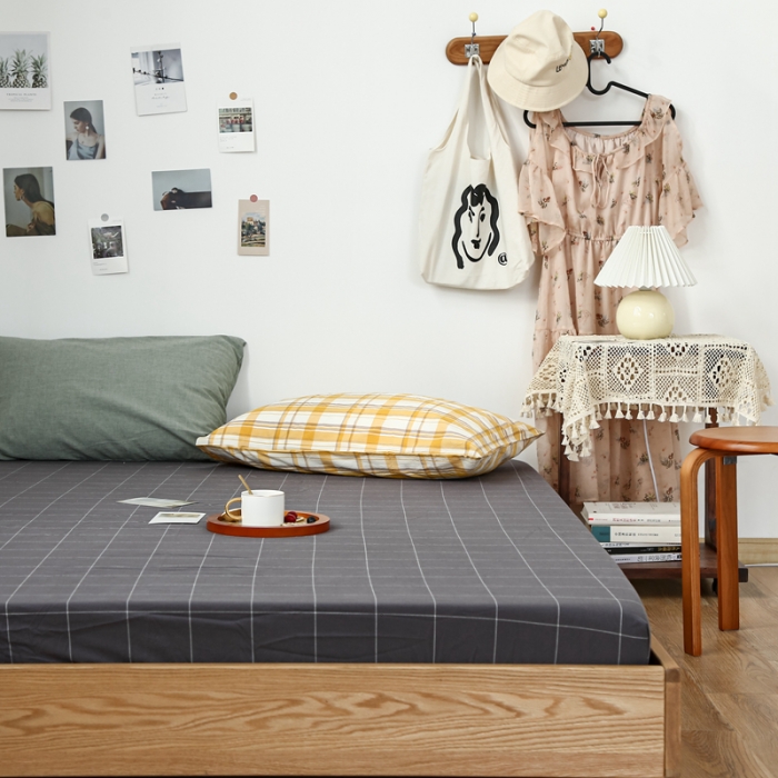 91家纺网 家纺一手货源 找家纺 安莱生活 2021新款色织全棉水洗棉单床笠 灰白中格