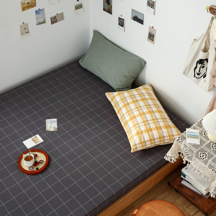 91家纺网 家纺一手货源 找家纺 安莱生活 2021新款色织全棉水洗棉单床笠 灰白中格