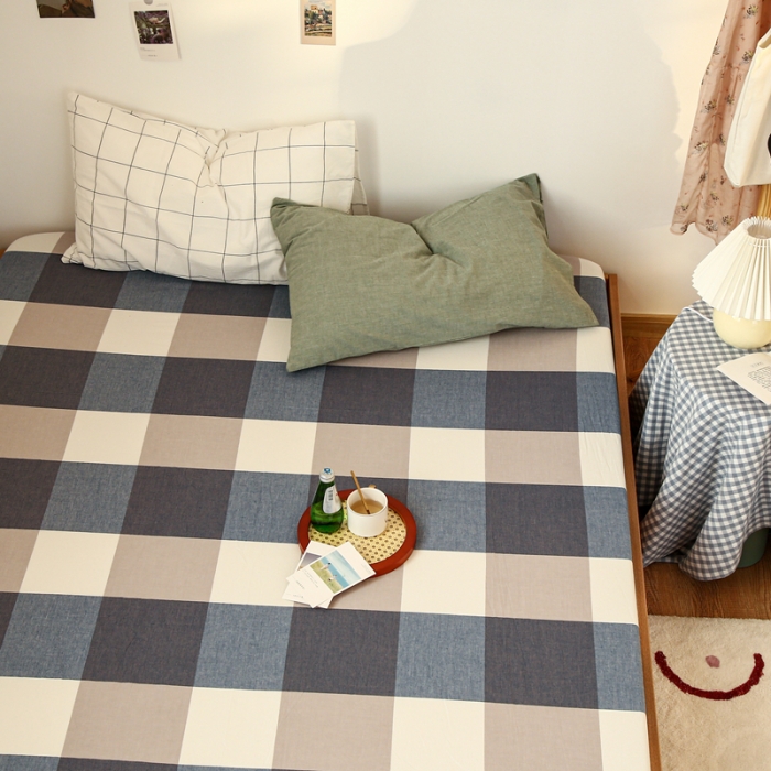 91家纺网 家纺一手货源 找家纺 安莱生活 2021新款色织全棉水洗棉单床笠 蓝大格