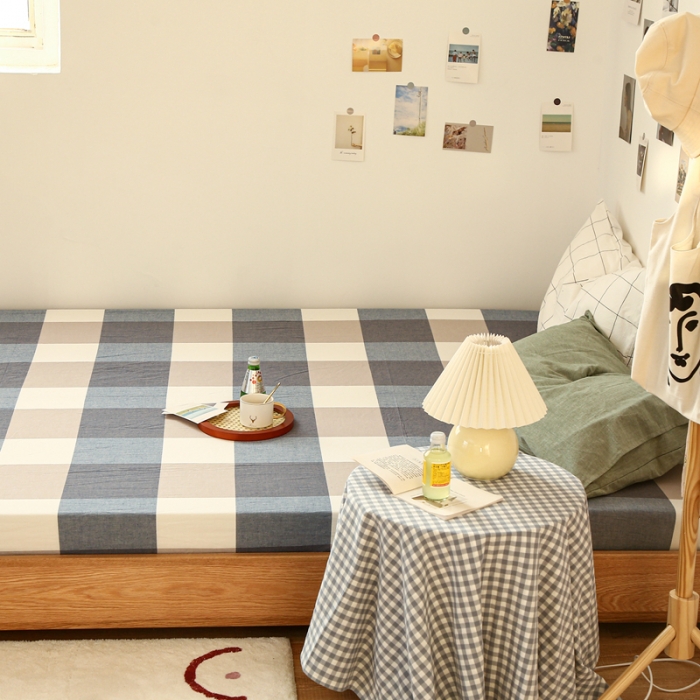 91家纺网 家纺一手货源 找家纺 安莱生活 2021新款色织全棉水洗棉单床笠 蓝大格