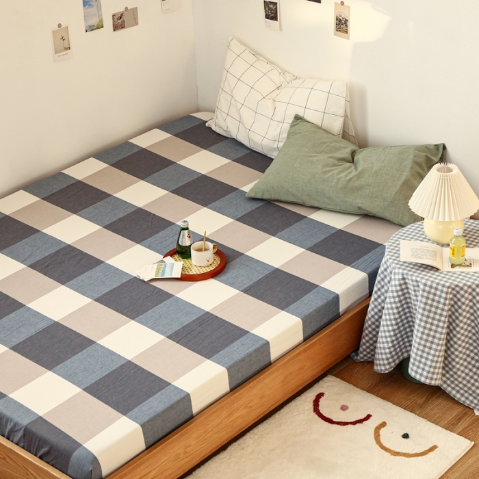 91家纺网 家纺一手货源 找家纺 安莱生活 2021新款色织全棉水洗棉单床笠 蓝大格