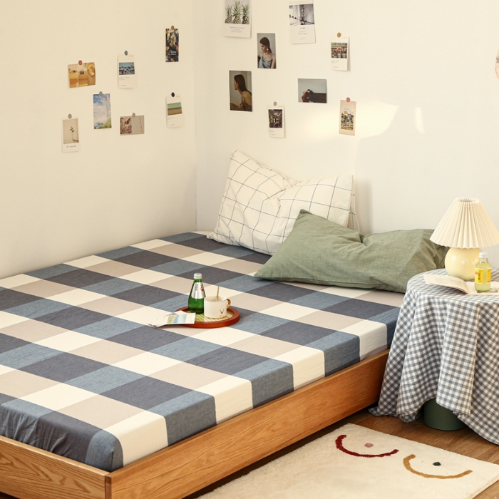 91家纺网 家纺一手货源 找家纺 安莱生活 2021新款色织全棉水洗棉单床笠 蓝大格