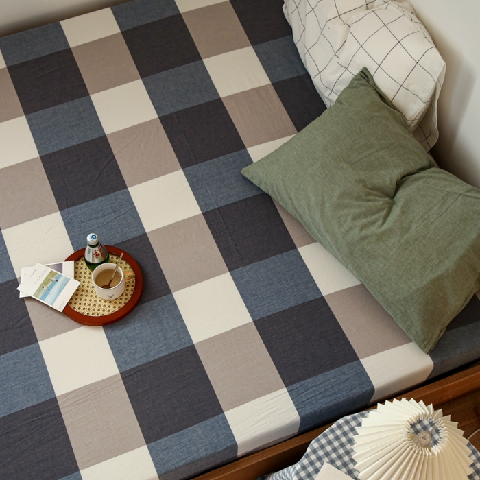 91家纺网 家纺一手货源 找家纺 安莱生活 2021新款色织全棉水洗棉单床笠 蓝大格