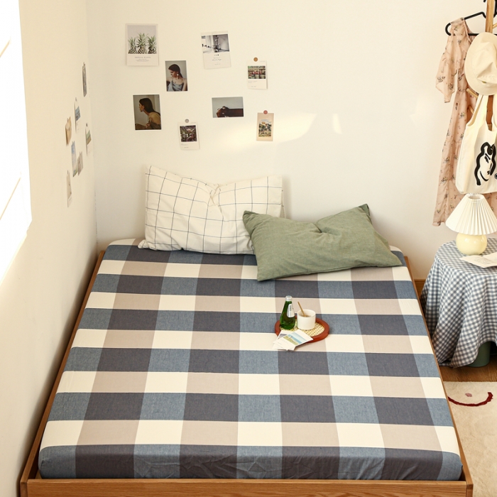 91家纺网 家纺一手货源 找家纺 安莱生活 2021新款色织全棉水洗棉单床笠 蓝大格