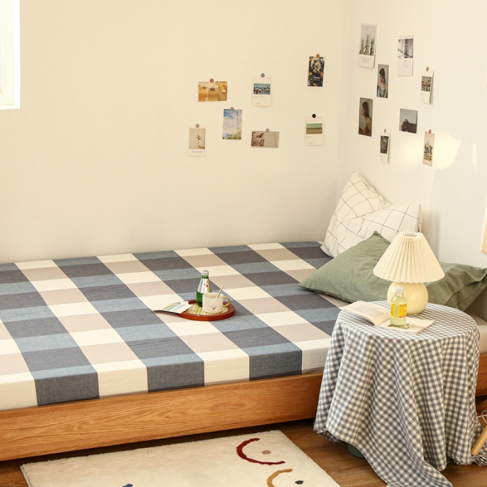 91家纺网 家纺一手货源 找家纺 安莱生活 2021新款色织全棉水洗棉单床笠 蓝大格