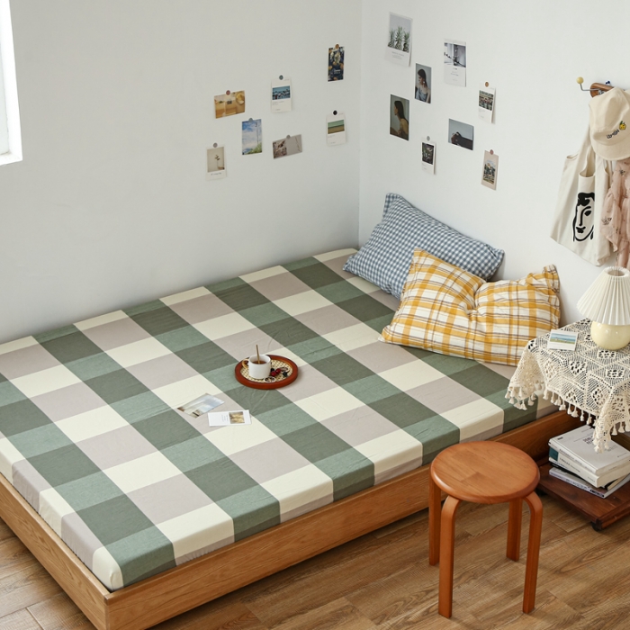 91家纺网 家纺一手货源 找家纺 安莱生活 2021新款色织全棉水洗棉单床笠 绿大格