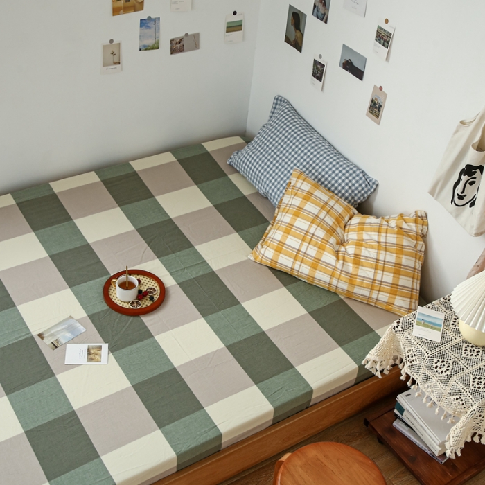 91家纺网 家纺一手货源 找家纺 安莱生活 2021新款色织全棉水洗棉单床笠 绿大格