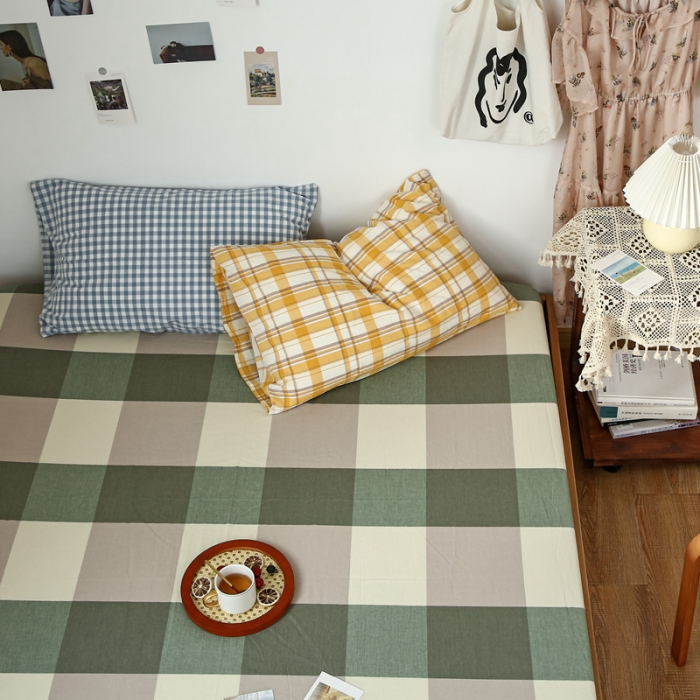 91家纺网 家纺一手货源 找家纺 安莱生活 2021新款色织全棉水洗棉单床笠 绿大格