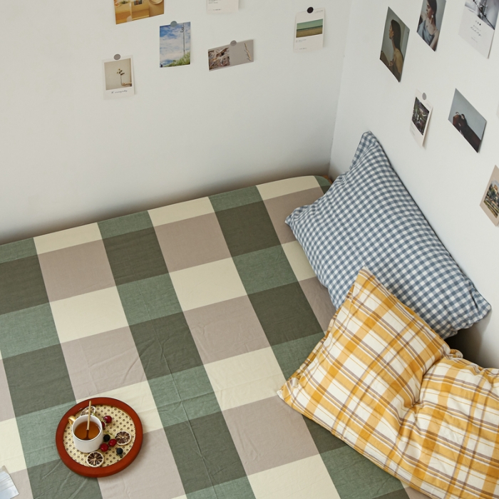 91家纺网 家纺一手货源 找家纺 安莱生活 2021新款色织全棉水洗棉单床笠 绿大格