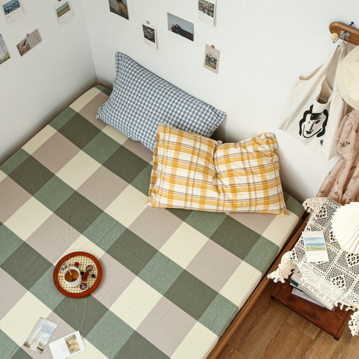 91家纺网 家纺一手货源 找家纺 安莱生活 2021新款色织全棉水洗棉单床笠 绿大格