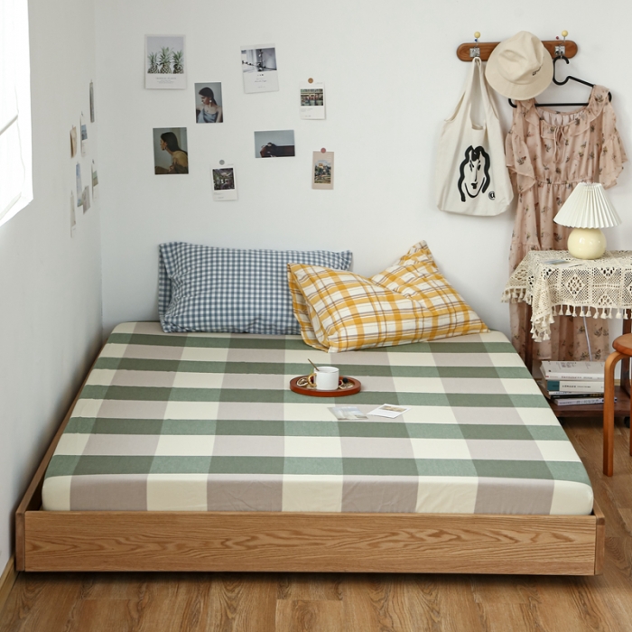 91家纺网 家纺一手货源 找家纺 安莱生活 2021新款色织全棉水洗棉单床笠 绿大格