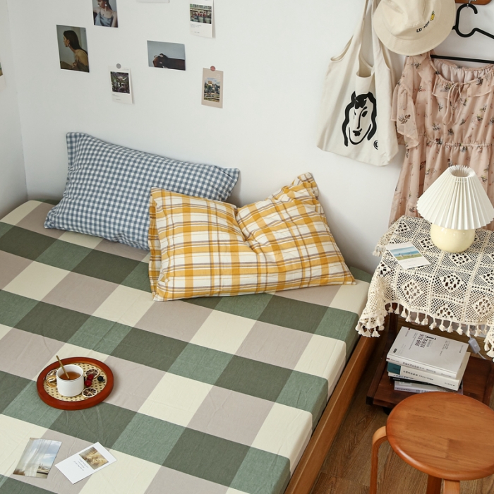 91家纺网 家纺一手货源 找家纺 安莱生活 2021新款色织全棉水洗棉单床笠 绿大格