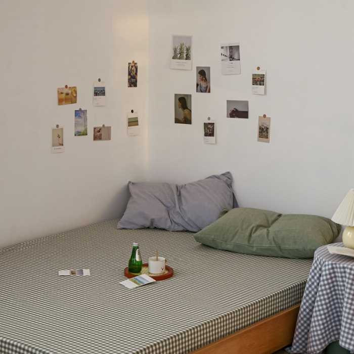 91家纺网 家纺一手货源 找家纺 安莱生活 2021新款色织全棉水洗棉单床笠 绿小格