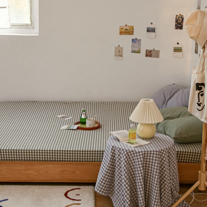 91家纺网 家纺一手货源 找家纺 安莱生活 2021新款色织全棉水洗棉单床笠 绿小格