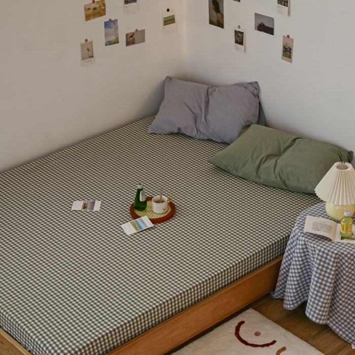 91家纺网 家纺一手货源 找家纺 安莱生活 2021新款色织全棉水洗棉单床笠 绿小格