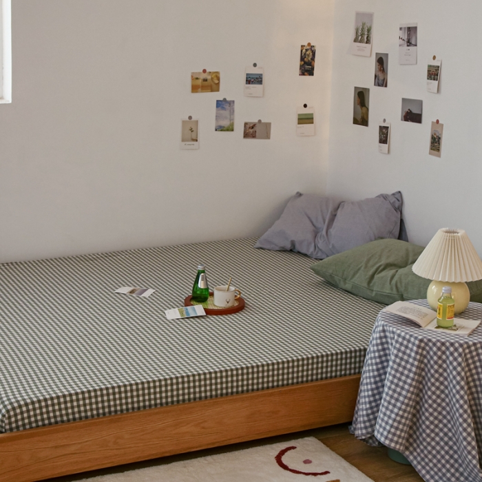 91家纺网 家纺一手货源 找家纺 安莱生活 2021新款色织全棉水洗棉单床笠 绿小格