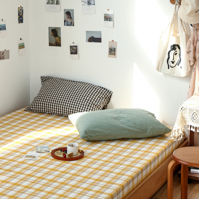 91家纺网 家纺一手货源 找家纺 安莱生活 2021新款色织全棉水洗棉单床笠 芒果格