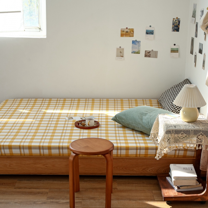 91家纺网 家纺一手货源 找家纺 安莱生活 2021新款色织全棉水洗棉单床笠 芒果格