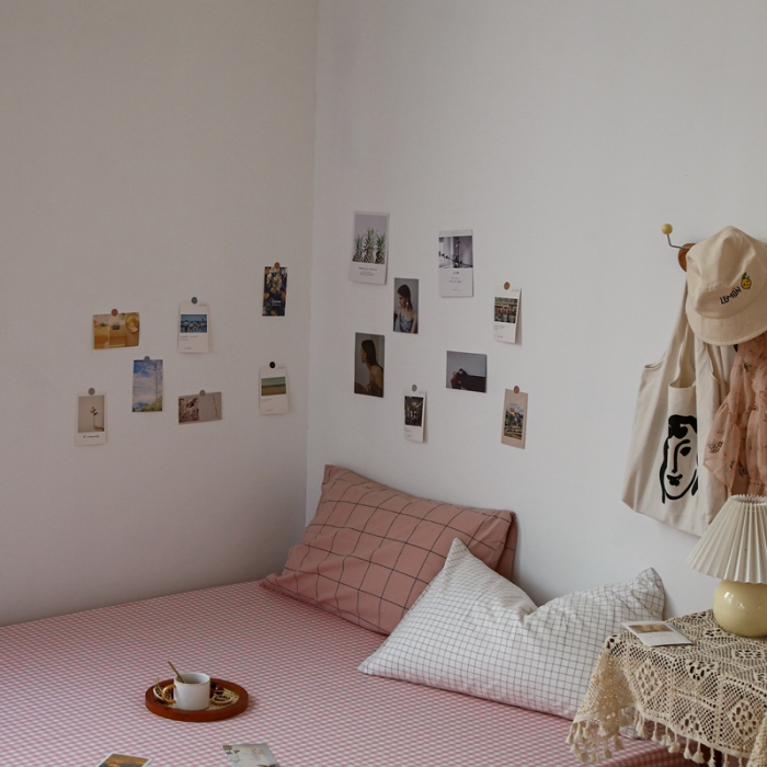 91家纺网 家纺一手货源 找家纺 安莱生活 2021新款色织全棉水洗棉单床笠 玫粉小格