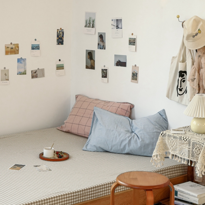 91家纺网 家纺一手货源 找家纺 安莱生活 2021新款色织全棉水洗棉单床笠 米小格