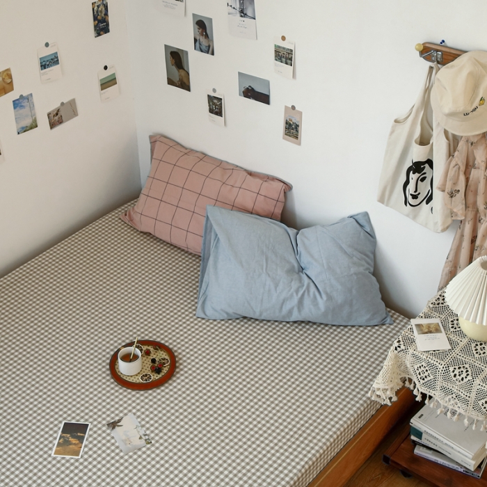 91家纺网 家纺一手货源 找家纺 安莱生活 2021新款色织全棉水洗棉单床笠 米小格