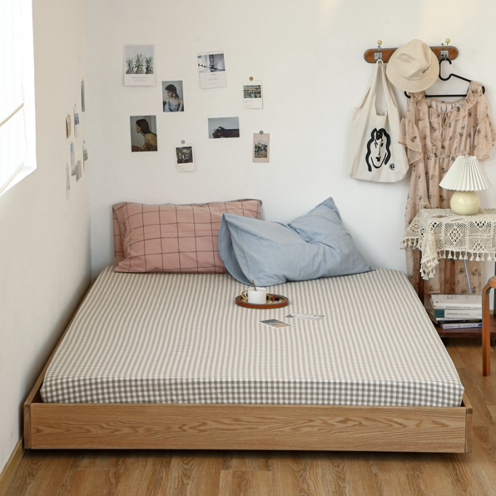 91家纺网 家纺一手货源 找家纺 安莱生活 2021新款色织全棉水洗棉单床笠 米小格