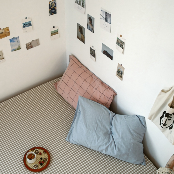 91家纺网 家纺一手货源 找家纺 安莱生活 2021新款色织全棉水洗棉单床笠 米小格