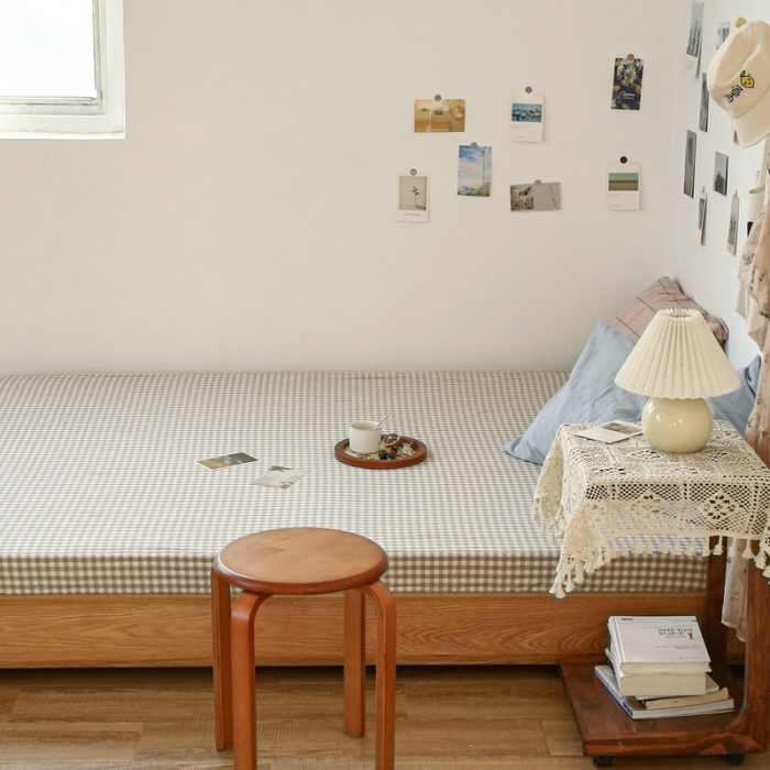 91家纺网 家纺一手货源 找家纺 安莱生活 2021新款色织全棉水洗棉单床笠 米小格