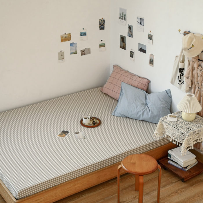 91家纺网 家纺一手货源 找家纺 安莱生活 2021新款色织全棉水洗棉单床笠 米小格