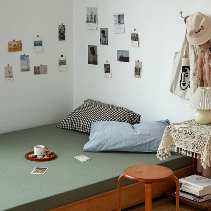 91家纺网 家纺一手货源 找家纺 安莱生活 2021新款色织全棉水洗棉单床笠 抹茶细条