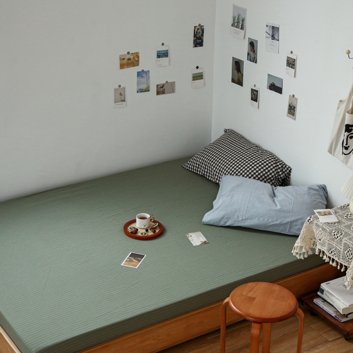 91家纺网 家纺一手货源 找家纺 安莱生活 2021新款色织全棉水洗棉单床笠 抹茶细条