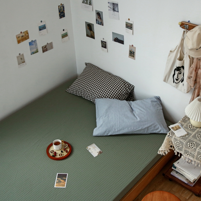 91家纺网 家纺一手货源 找家纺 安莱生活 2021新款色织全棉水洗棉单床笠 抹茶细条